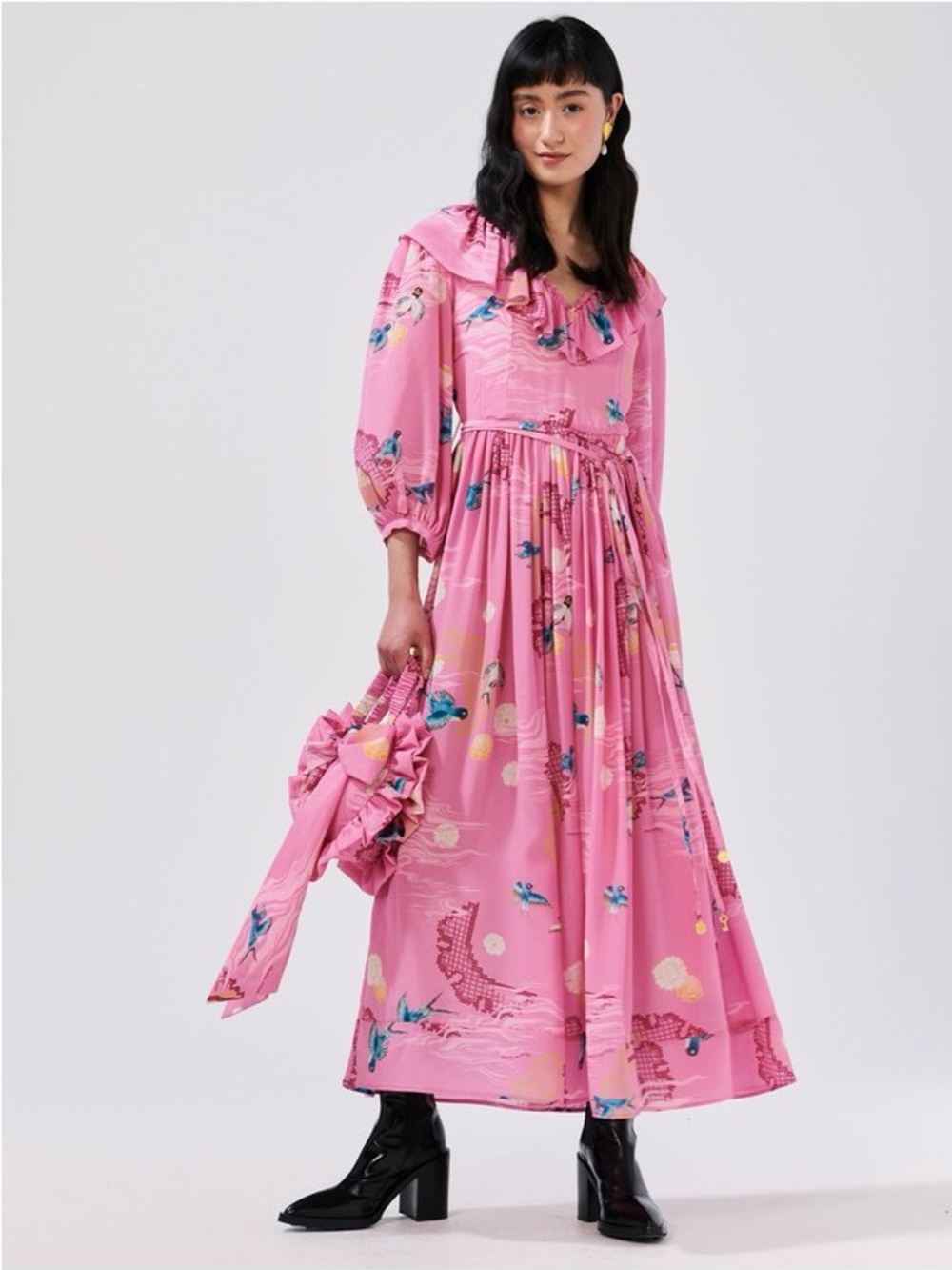 Hayley Menzies Charming Birds pink V-neck frill silk maxi dress size S small NWT